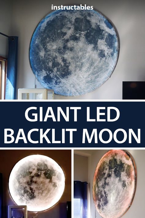 Easily create an inexpensive, light-up moon wall hanging from a shower curtain. #decor #wallart #decoration #space #art #lighting #Instructables #homedecor #howto #LEDlighting #LEDlights #LEDproject #lightingdecor #lightingdesign #maker #makezine Boys Space Bedroom, Outer Space Room, Outer Space Bedroom, Galaxy Bedroom, Galaxy Room, Space Kids Room, Zimmer Diy, Moon Wall Hanging, Space Themed Bedroom