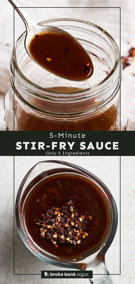 This easy-to-make stir-fry sauce transforms everyday meals into a mouthwateringly delicious masterpiece! Made with 5 ingredients, it’s an affordable yet powerful way to add savory, sweet, and spicy depth to any stir-fry or vegetable-forward recipe. #stirfrysauce #vegansauces #veganstirfrysauce Vegetarian Stir Fry Sauce, Vegan Fish And Chips, Vegan Mushroom Pasta, Vegan Sauce Recipes, Tofu Marinade, Stir Fry Ingredients, Teriyaki Tofu, Lemon Tahini Dressing, Vegan Fish