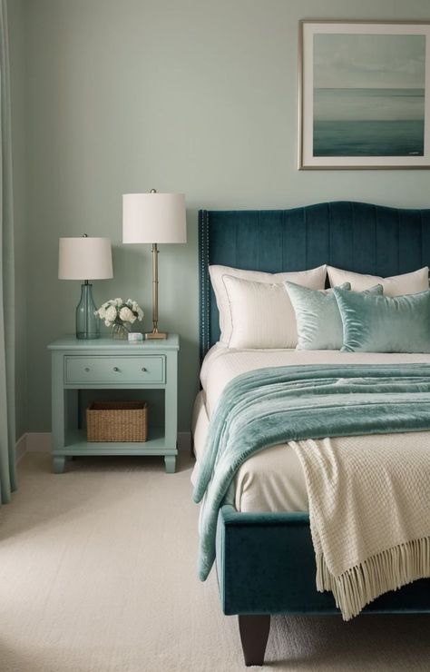 Sea Green Bedrooms, Light Teal Bedroom, Teal Blue Bedroom, Blue Green Bedrooms, Light Green Bedrooms, Mint Green Bedroom, Mint Bedroom, Sage Bedroom, Soothing Bedroom