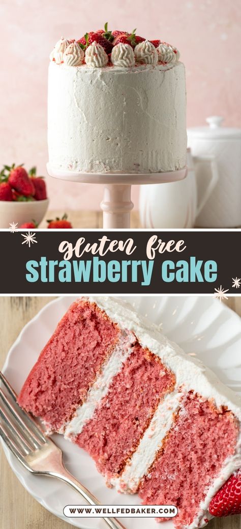 Grab a slice of this delicious gluten free and dairy free strawberry cake. This moist cake is flavored with fresh berries and coated with an amazing dairy free cream cheese frosting. The pretty pink cake is an added bonus! Gluten Free Dairy Free Strawberry Dessert, The Best Gluten Free Cake, Dairy Free Strawberry Cake, Gluten Free Strawberry Dessert, Gluten Free Strawberry Cake Recipe, Cake Recipes Gluten Free, Pretty Pink Cake, Gluten Free Strawberry Cake, Dairy Free Cream Cheese Frosting