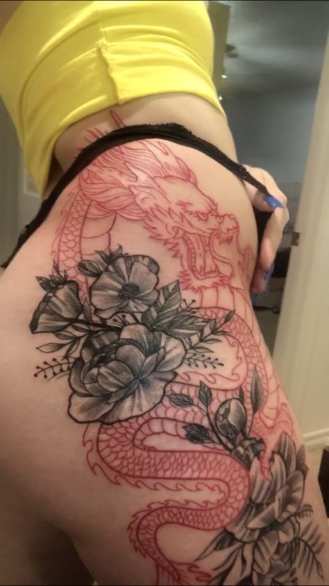 Red Dragon Flower Tattoo, Red Dragon With Flowers Tattoo, Red Ink Dragon Tattoo Thigh, Flowers And Dragon Tattoo, Red Dragon Tattoo For Women Thigh, Pink Dragon Tattoo For Women, Dragon On Hip Tattoo, Red Dragon Hip Tattoo, Red Ink Hip Tattoo