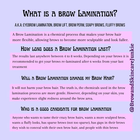 Brow lamination Common Asked Questions Brow Lamination Information, Brow Tech Instagram, Waxing Information, Brow Lamination After Care Instructions, Brow Lamination Captions, Brow Lamination Price List, Eyebrow Lamination Aftercare, Brow Lamination Business, Brow Lamination Step By Step