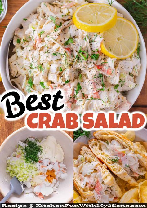 Made with mayo, imitation crab, and a few seasonings, this Creamy Crab Salad recipe is quick and easy to prepare and tastes better than what you can get at the store. Serve on croissants, lettuce wraps, and more. #saladrecipes #seafoodrecipes How To Make Crab Salad Recipes, Seafood Salad Recipes Cold, Quick Salads For Parties, Crab Salad Recipes Cold, Simple Crab Salad, Bariatric Crab Salad, Creamy Crab Salad, Seafood Crab Salad, Canned Crab Salad Recipe Easy