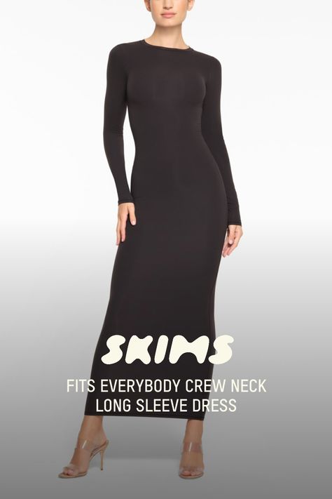 This long-sleeve, double-lined dress is designed to accentuate your silhouette, offering snatching at waist and smoothing for arms, hips, and legs. Fits true to size. | SKIMS Crew Neck Long Sleeve Dress | Black | Small | Fits Everybody Long Sleeve Maxi Bodycon Dress, Long Sleeve Maxi Dress Casual, Black Long Sleeve Maxi Dress, Long Sleeve Dress Outfit, Long Sleeve Black Maxi Dress, Long Sleeve Dress Black, Maxi Bodycon Dress, 2024 Style, Black Outfits