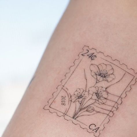 Taylor Parks | Arizona Fineline Tattoo Artist on Instagram: "Little stamps for Shauna 😌 CA —> AZ & we through in some sentimental meanings with the numbers ✨🤍  Always so nice working with you love!   Appointment type: medium" Stamp Tattoo California, Poppy Postage Stamp Tattoo, Cute Cake Tattoo, Kansas City Tattoo, Post Stamps Tattoo, California Stamp Tattoo, Fine Line Stamp Tattoo, Stamp Tattoo Placement, Bsf Tattoos