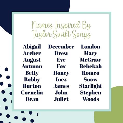 ☼ Names Inspired by Taylor Swift Songs ☼ Are you a huge Taylor Swift fan? This list of boy & girl names is full of names inspired by Taylor & would be the perfect nod to her! | Follow @babynamesexclusive on Instagram for name help, suggestions, inspo & more. Taylor Swift Usernames, Funny Instagram Names, Taylor Swift Songs List, Taylor Swift Ig, All Taylor Swift Songs, Taylor Swift Discography, 15 Taylor Swift, Usernames For Instagram, Taylor Swift Cat