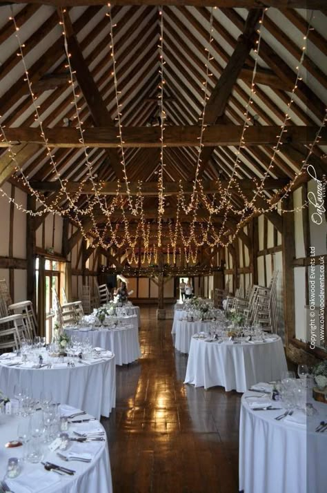 Fairy Lights Wedding Barn, Fairy Lights Wedding Ceiling Lights, Wedding Barn Lights, Wedding Tent Decorations Ceiling Decor Hanging Flowers, Fair Lights Wedding, Wedding Venue Lights Ceilings, Light Ceiling Wedding, Twinkly Lights Wedding Reception, Log Cabin Wedding Decorations