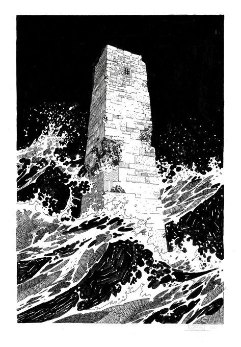 Ink Comic Illustration, Water Pen Art, Storm Sketch, Storm Drawing, Storm Illustration, Waves Sketch, Ink Landscape, Wave Drawing, Sea Drawing