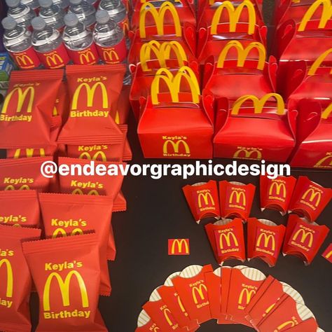 McDonalds themed birthday party 🍟 Custom chip bags, custom water bottles, custom fry boxes, and custom “happy meal” gable boxes 💫 Any theme! Any occasion! Mcdonalds Birthday Party Ideas, Mcdonalds Birthday Party, Custom Chip Bags, Happy Meal Box, Fry Box, Gable Boxes, Custom Water Bottles, Chip Bags, Themed Birthday Party