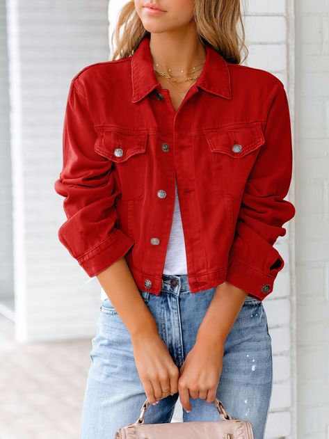 🚚FREE Shipping on orders over $80 ﻿- 📏Sizing: run a little small, recommend size up - MsDressly® exclusive! Everyone has something good to say about the Pocket Long Sleeve Denim jacket! This jacket has all the classic details you know and love, such as neckline, square silhouette, front button flap pocket and full button placket. Long sleeves with button cuffs. Tailored hem is perfect for matching with high waist bottoms! Gender: Women Type: Tops Feature: Pocket, Long Sleeve Material: Polyester, Denim Wash: Hand Wash Cold. Do Not Bleach. Line Dry. Iron Low Heat Style: Casual/Fashion Color: LightBlue, Blue, Pink, Black, White, Red Size: S, M, L, XL, 2XL Please Note: All Dimensions Are Measured Manually With A Deviation Of 1 To 3cm. Polo Style Women, Red Denim Jacket, Light Blue Jacket, Trendy Coat, Long Sleeve Denim Jacket, Red Denim, Estilo Denim, Mode Jeans, Vintage Denim Jacket