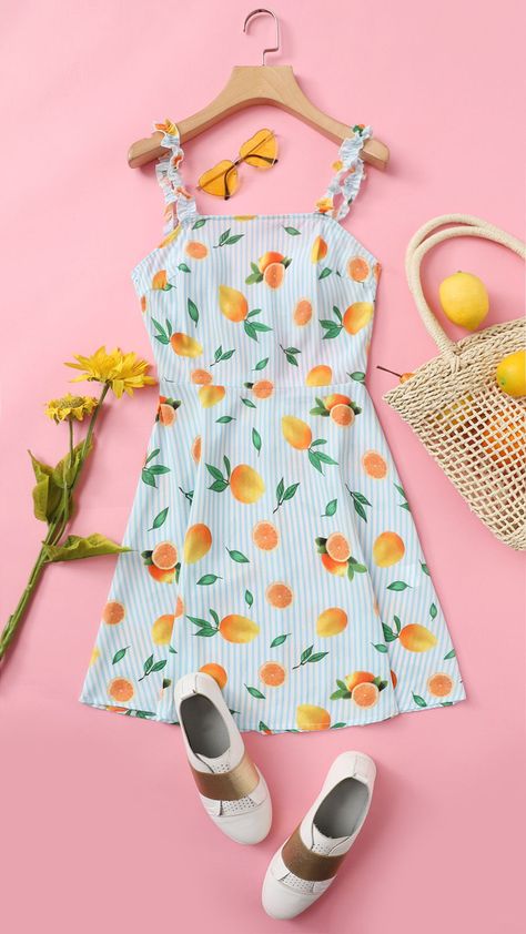 Lemon And Striped Print Dress With Ruffle Strap Dresses Product Photography, Flat Lay Dress, Dress Product Photography, Flat Lays Clothing, Dress Flatlay Ideas, Dress Flatlay, Flat Lay Photography Clothing, Flat Lay Photography Fashion, Fashion Flatlay