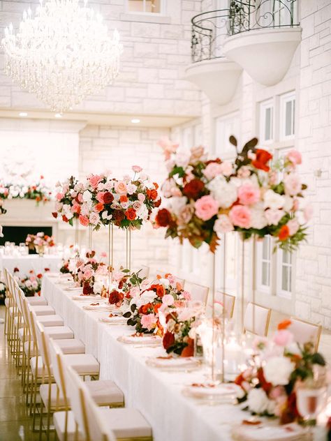 Red Pink And Cream Wedding, Red White Pink Wedding, Valentines Theme Wedding, Red And Blush Wedding, Red Pink Wedding, December Wedding Colors, Wedding Table Decorations Pink, Red Wedding Receptions, Red And Pink Wedding