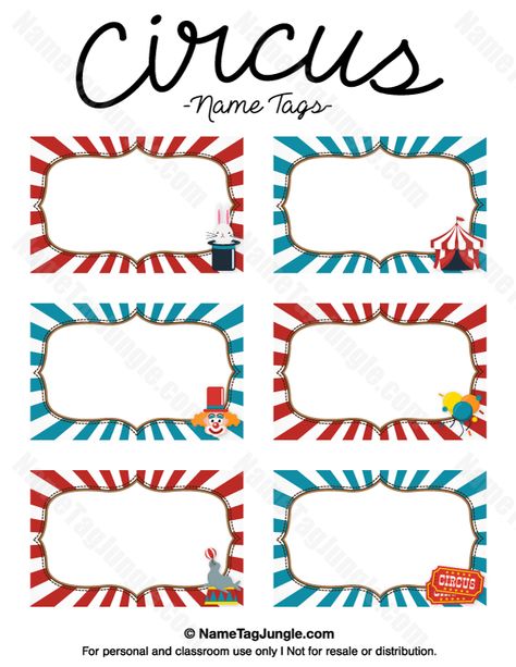 Free printable circus name tags. The template can also be used for creating items like labels and place cards. Download the PDF at http://nametagjungle.com/name-tag/circus/ Circus Vbs, Carnival Printables, Circus Printables, Carnival Classroom, Circus Classroom, Nametags For Kids, Name Tag Templates, Carnival Birthday Party Theme, Circus Carnival Party