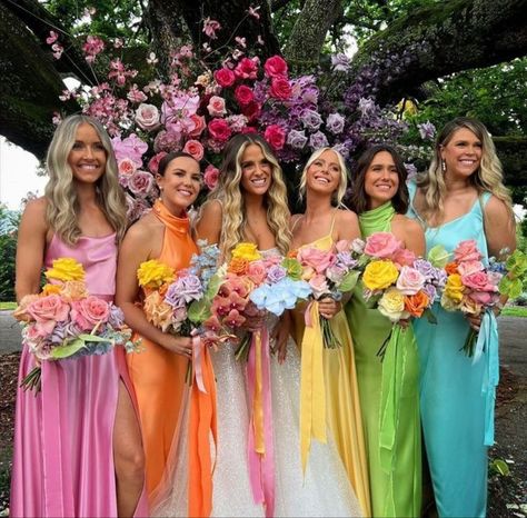 Bright Themed Wedding, Multiple Color Wedding, Bridemaids Dresses Rainbow, Colorful Wedding Venue Decorations, Coloured Theme Party, Happy Wedding Colors, Colorful Bridal Party Dresses, Festival Wedding Bridesmaid, Bright Colours Wedding Theme