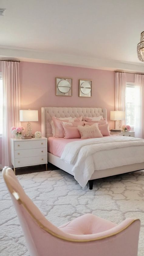 Cute & Cozy: 15 Pink Bedroom Ideas That Are Anything But Basic - Cheerful Talks Girls Pink And White Bedroom Ideas, Baby Pink Bedroom Aesthetic, All Pink Room Aesthetic, Big Pink Bedroom, Modern Pink Bedroom Ideas, Vision Board Bedroom, Pink Dream Bedroom, Pink And White Bedroom Aesthetic, Aesthetic Pink Room Ideas