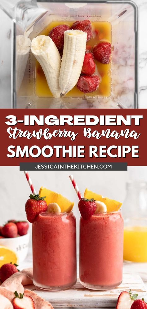 Friends, this 3-Ingredient strawberry banana smoothie is the easiest you’ll ever make. Three ingredients, minimal prep, and no clean up—well, other than throwing away the banana peel. So let me give you the lowdown on this smoothie. I made it with frozen strawberries, fresh bananas and orange juice. That’s it. The banana brings that smooth, creamy texture, the strawberries add colour and flavour, and the orange juice brings it all together with sweetness and a bright burst of citrus. Banana Juice Recipe, Frozen Strawberry Smoothie, Orange Banana Smoothie, Strawberry Banana Smoothie Recipe, Jessica In The Kitchen, Orange Juice Recipes, Orange Smoothie Recipes, Frozen Fruit Smoothie, Smoothie Recipes With Yogurt