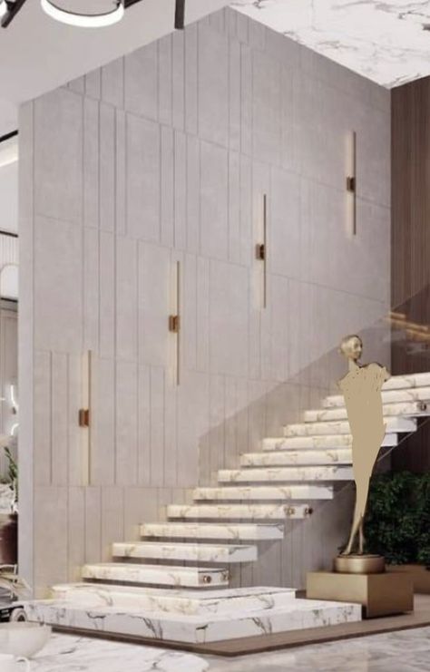 Double Height Staircase Wall Design, Stair Well Wall Ideas, Stair Panelling, Stair Wall Design, Stairs Wall Design, Entry Designs, Staircase Wall Design, Lobby Designs, Stair Paneling