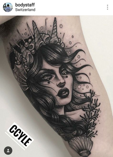 Mermaid Face Tattoo, Lady Face Tattoo, Mermaid Sleeve Tattoos, Traditional Tattoo Black And White, Traditional Tattoo Woman, Mermaid Face, Siren Tattoo, Mermaid Tattoo Designs, Lady Face