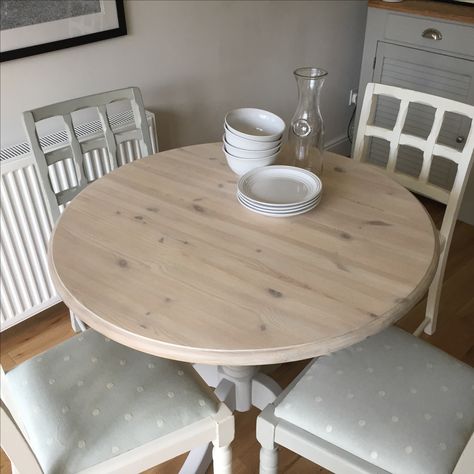 An old pine table, up-cycled with a white-washed top and grey painted pedistal - Reloved by Jo Wooden Dining Table Upcycle, Upcycle Wooden Table And Chairs, Upcycled Pine Table And Chairs, Painted G Plan Dining Table, White Wash Round Kitchen Table, Round Kitchen Table And Chairs, White Wash Table, Gray Stained Wood, White Washed Pine