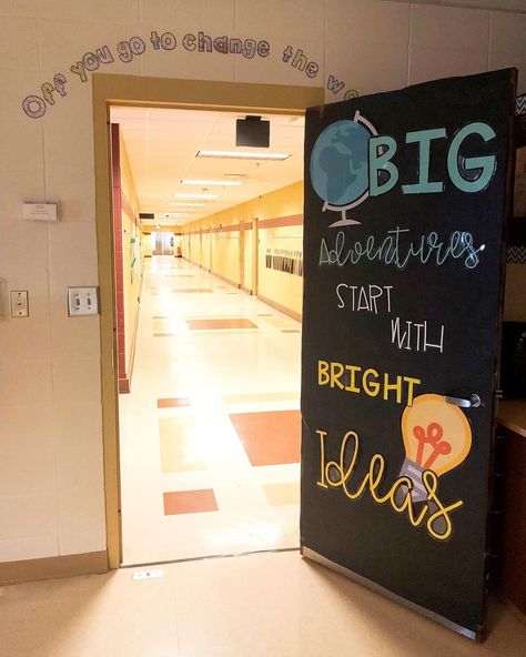 Special Education Teacher on Instagram: “Big adventures start with bright ideas!  Last year for back-to-school, my door decorations were hand-drawn, and while I loved them, I…” August Classroom Door Ideas, School Counselor Door Decorations, Science Door Decorations, Middle School Classroom Themes, Middle School Decor, Middle School Social Studies Classroom, Teacher Door Decorations, Science Classroom Decorations, School Door Decorations