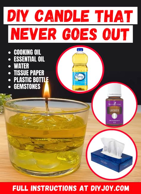 How To Make A DIY Candle That Never Goes Out via @diyjoycrafts Diy Emergency Candles, Oil Candles Diy, Homemade Candle Recipes, Emergency Candles, Diy Candles Easy, Homemade Candle, Candle Tutorial, Diy Candles Homemade, Homemade Scented Candles