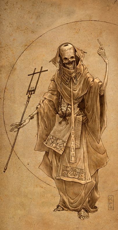 I like the style of this drawing because it looks like it was old which also makes this character look very very old. It reminds me of a monk because of his robes and staff. He looks evil because it is an undead character. Keith Thompson, Baba Jaga, Diesel Punk, 다크 판타지, Arte Obscura, Creepy Art, Monster Design, 판타지 아트, Arte Horror