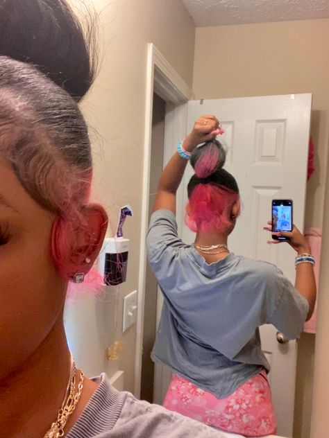 Baddie Dyed Natural Hair, Color Hair Ideas Natural, Dyed Hair Color Ideas For Black Women Natural Hair, Pink Patch Hair, Hairstyles With Skunk Stripe, Cute Natural Ponytails, Blonde And Pink Dyed Hair, Adore Pink Blush Hair Dye, Peekaboo On Natural Hair