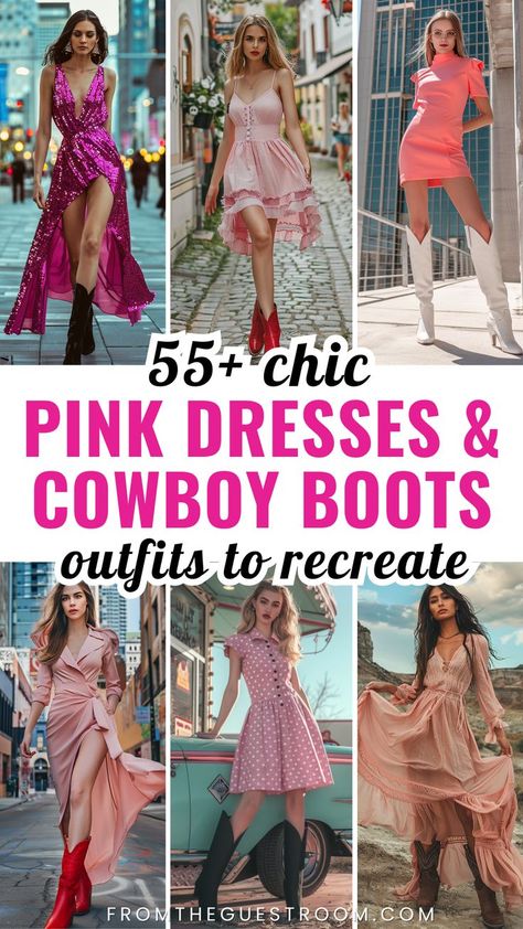 a woman wears maxi dress and cowboy boots, western outfits Pink Dress With Cowboy Boots, Dress With Cowboy Boots Outfit, Boots Outfit Street Style, Dresses And Cowboy Boots, Dresses To Wear With Cowboy Boots, Dress And Cowboy Boots Outfit, Short Cowboy Boots Outfit, Red Cowboy Boots Outfit, Cowboy Boots Women Outfits