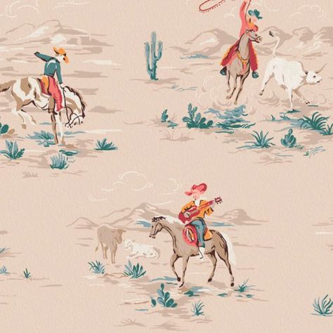 Yippee Ka Yeah Cowboy Boy's Room Wallpaper - Etsy Retro Cowboy Wallpaper, Vintage Kids Wallpaper, Vintage Look Wallpaper, Mid Century Bathroom Wallpaper, Little Boy Cowboy Room, Retro Western Wallpaper, Vintage Rodeo Nursery, Boys Bathroom Wallpaper, Vintage Cowgirl Bedroom