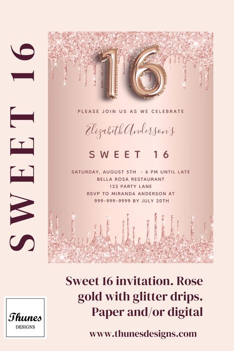 A modern, stylish and glamorous invitation for a girl's Sweet 16, 16th birthday party. A faux rose gold background with faux glitter drips. The name is written with a modern dark rose gold colored hand lettered style script. Personalize and add your party details. Number 16 is written with a balloon style font, script.

#birthday party #birthday girl #invitations Unique Sweet 16 Invitations, Sweet 16 Birthday Invitations, 16 Birthday Invitations, Sweet 16 Rose Gold, Invitations Sweet 16, Rose Gold Background, Rose Gold Backgrounds, 16 Invitations, Sweet 16 Birthday Cake