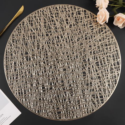 PRICES MAY VARY. 【Size & Package】 You will receive 6 pieces gold round placemats. Each placemat measures approximately 15 x 15inch/38 x 38cm. 【Pretty Design】 Pressed hollowed-out pattern design gold placemats gives your dinner table a special touch. These vinyl placemats will look stylish in any dining room, kitchen or eating area. 【Premium Material】 Mabbcoo table mats are made of 100% vinyl material, thick and durable. They can withstand high temperatures, also ensuring your table is protected Placemats Dining Table, Placemats For Black Table, Placemats Ideas Dining Rooms, Black White Table Setting, Round Glass Kitchen Table, Everyday Table Decor, Beige Dining Room, Glass Kitchen Tables, Gold Placemats