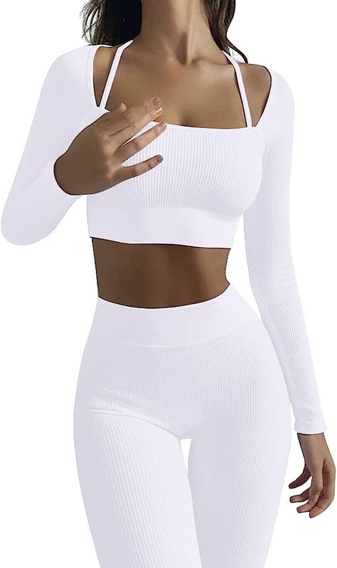 Amazon.com: Womens Workout Sets 2 Piece Ribbed Seamless Detail Long Sleeve Crop Top Tummy Control High Wasit Yoga Gym Leggings Sets Activewear #3 White Medium : Clothing, Shoes & Jewelry Hot Workout Outfits, Gym Costume, Waist Exercise, Workout Sets For Women, Exercise Shorts, Working Out Outfits, Yoga Outfits, Cute Workout Outfits, Cute Gym Outfits