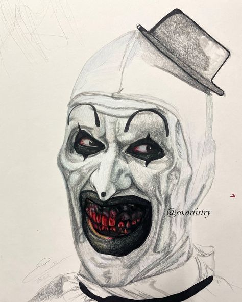 (FAKE BLOOD) new drawing by me of @davidhowardthornton as #arttheclown 🤡🩸 — i’ve been loving the terrifier movies recently + meeting david and @damien_leone next year so i thought it would be a good time to draw him ❤️‍🔥 — #art #drawing #scaryart #terrifier #terrifier2 #terrifier3 #terrifiermovie #terrifierfanart #fanart #artist #horror #horrorart #scary #clown #clownart #prismacolor #strathmore #aworkofart It Sketches Clown, Art The Clown Drawing Sketch, Art The Clown Sketch, Terrifier Sketch, Art The Clown Terrifier Fanart, It Clown Drawing, Horror Movie Drawings Easy, Art The Clown Fanart, Horror Line Art