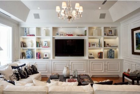 trim detail & shelves Ruang Tv, Tv Mounted, Tv Built In, Traditional Family Room, Living Room Built Ins, Home Entertainment Centers, Shelves Ideas, Muebles Living, Flat Screen Tv