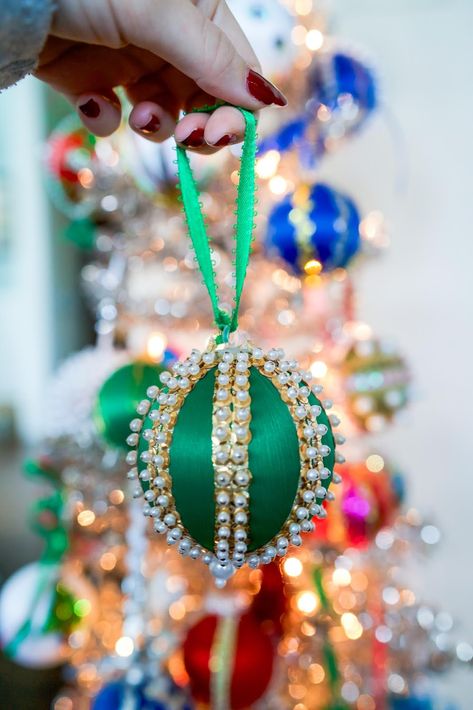 DIY: How to Make Hand Made Push Pin Beaded Ornaments | New York City Fashion and Lifestyle Blog | Covering the Bases Bead And Sequin Ornaments Diy Christmas, How To Make Jeweled Christmas Ornaments, Handmade Beaded Ornaments, Jeweled Christmas Ornaments Diy, Diy Sequin Ornaments, Diy Fancy Christmas Ornaments, Vintage Christmas Ornaments Diy, Sequin Ornaments Diy Styrofoam Ball, Beaded Christmas Ornaments Diy