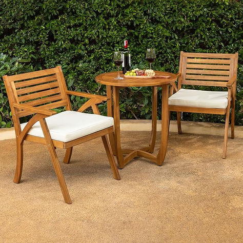 Finish Premium Patio Bistro Table and Chair Set of 2, Acacia Wood 2 Armchairs w/Cushions, Heavy Duty Design up to 450lbs Capacity.  BEAUTIFUL set for Condo Balcony and Small Patio Areas.  CLICK FOR MORE DETAILS. LIKE, SAVE & FOLLOW. #ad #acacia #patio #bistroset Modern Bistro Set Bistro Table And Chairs, Bistro Patio Set, Bistro Table Set, Bistro Table Outdoor, Outdoor Tables And Chairs, Outdoor Bistro Set, Table And Chair Set, Table And Chair, Small Patio