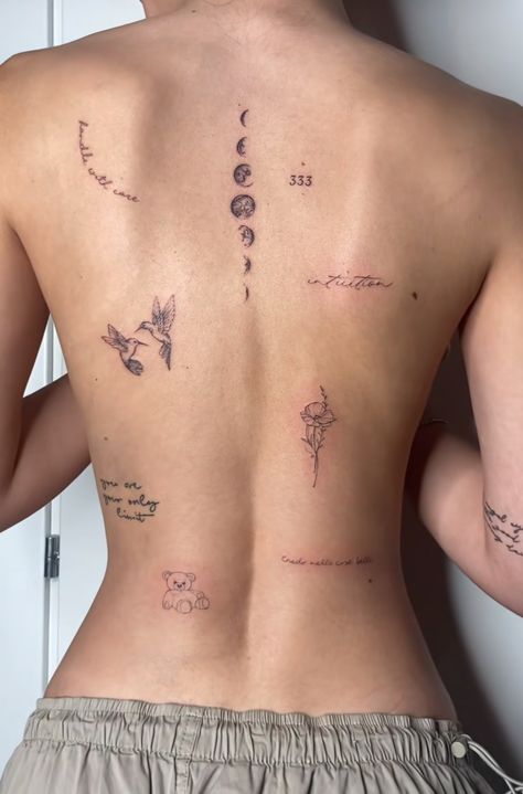 Random Back Tattoos, Back Tattoo Placement For Women, Back Tattoo Women Dainty, Back Patchwork Tattoo Women, Back Patch Work Tattoo, Patchwork Back Tattoo Women, Horizontal Back Tattoo, Women’s Tattoo Back, Sticker Back Tattoo