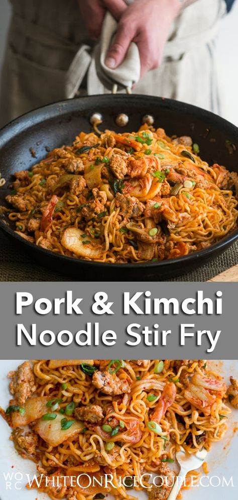 Stir Fry Noodles Recipe, Kimchi Noodles, Fried Noodles Recipe, Fry Noodles, Korean Pork, Easy Ramen, Noodle Stir Fry, Pork Noodles, Zoodle Recipes