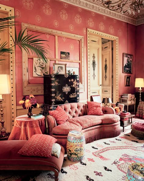 Inside Dries Van Noten: In the Red Salon, the original 1920s Franck paneling is hung with custom Lyonnaise silk. Romantic Interior Design, Feminine Room, Rooms Decoration, Neoclassical House, Romantic Interior, Romantic Room, Maximalist Decor, Maximalism, Design Del Prodotto