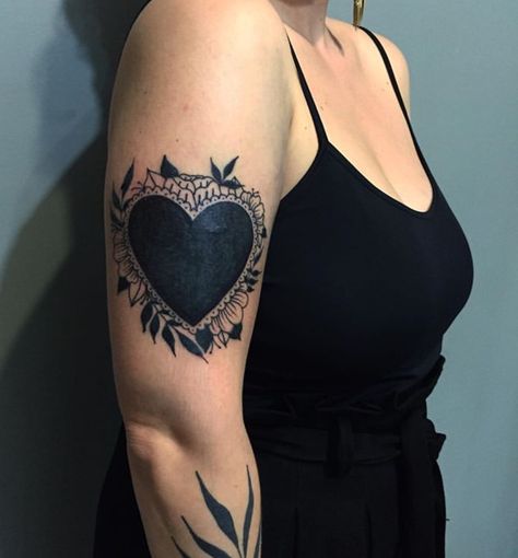 black heart tattoo Black Out Heart Tattoo, Heart With Vines Tattoo, Blacked Out Heart Tattoo, Black Coverup Tattoo Ideas, Antique Heart Tattoo, Traditional Black Heart Tattoo, Ornate Heart Tattoo, American Traditional Heart Tattoo Black, Cute Cover Up Tattoos