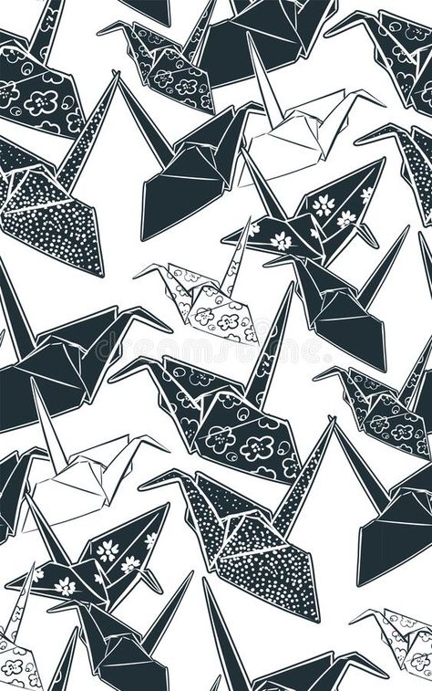 Paper cranes origami seamless pattern japanese chinese oriental vector ink style design elements illustration. Paper cranes origami seamless pattern japanese royalty free illustration Origami Drawing Illustrations, Japanese Elements Design, Paper Crane Illustration, Paper Crane Aesthetic, Japanese Origami Aesthetic, Paper Crane Art, Japanese Scrapbook, Origami Wallpaper, Origami Drawing