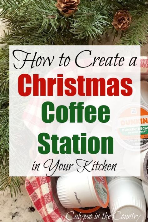 Christmas coffee bar decorating ideas for the kitchen countertop. Simple ways to create a coffee station for holiday entertaining. Welcome holiday guests with a cup of coffee from your home coffee station. Includes Christmas decorating ideas, coffee themed shopping ideas for gifts or yourself, ideas for coffee station essentials and a few coffee recipe ideas. See all the Christmas coffee station ideas on the blog! Coffee Bar Ideas Holiday, Coffee Bar Christmas Ideas, Festive Coffee Bar, Xmas Coffee Bar Ideas, Christmas Drink Station Ideas, Coffee Bar Christmas Decor Ideas, Coffee Bar Ideas For Christmas, Holiday Coffee Bar Ideas, Christmas Coffee Bar Ideas Holidays