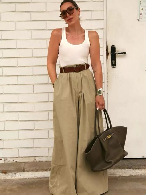 Scoop neck vests | SheerLuxe Wide Leg Trousers Outfit, The Round Up, Cool Denim, Bag Outfit, Trouser Outfits, Big Bag, Denim Trends, Current Styles, Oversized Blazer