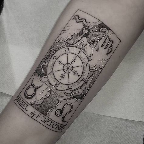 Mary Jane Tattoo Artist (Emma) on Instagram: “The awesome @annamcgonigle got this tarot card, we based on the Rider Waite Wheel of Fortune card, with some tweaks. Poor Anubis has a…” Tarot Tattoo Wheel Of Fortune, Wheel Of Fortune Tattoo Design, Judgement Tarot Card Tattoo, Tarot Wheel Of Fortune Tattoo, Terra Cards Tattoos, Tarot Card Tattoo Wheel Of Fortune, The Wheel Of Fortune Tarot Tattoo, The Chariot Tarot Tattoo, The World Tarot Tattoo