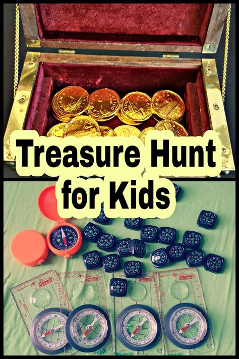 Kids love treasure hunts!  I love adding a bit of learning into it.  When learning about directions, I introduced children to compasses.  With compasses in hand, we started our search for treasure.  I used it for social studies, but it would be a great party game for kids too. Diy Treasure Hunt, Hiking Games, Treasure Theme, Treasure Maps For Kids, Treasure Hunt For Kids, Pirate Activities, Stem Ideas, Adventure Camp, Treasure Hunts