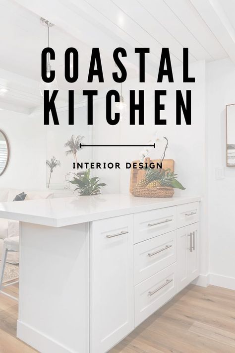 Australian Coastal Style Kitchen, Coastal Cabinets Kitchen, Beach Condo Kitchen Ideas, Modern Coastal Kitchen Cabinets, Coastal Boho Interior Kitchen, Coastal Tile Backsplash Kitchen, Black And White Beach Kitchen, California Coastal Kitchen Design, Elegant Coastal Kitchen