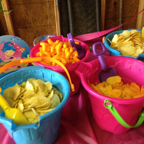 Use clean sandpails to put food in for a beach/swimming party. Use the shovel that comes with the pail as serving utensils. Pool Party Kids, Splash Party, Aloha Party, Luau Theme Party, Luau Birthday Party, Beach Birthday Party, Hawaiian Birthday Party, Moana Birthday Party, Hawaiian Birthday