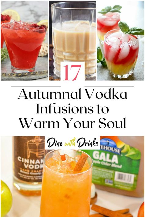 Collage of 4 fall vodka cocktails. Fall Infused Vodka, Autumnal Cocktails, Fall Vodka Cocktails, Vodka Infusions, Autumn Cocktails, Vodka Mixed Drinks, Infused Liquors, Diy Pumpkin Spice, Caramel Vodka