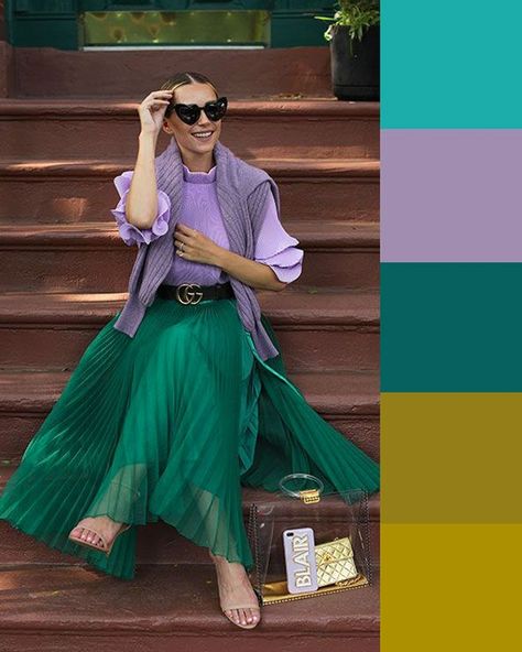 fface8385abbf94b4593a0ed53a0c70fdesc50742837ri Green Pleated Skirt, Colour Combinations Fashion, Color Combos Outfit, Artist Makeup, Color Blocking Outfits, Color Combinations For Clothes, Color Trends Fashion, Cosmetics Skincare, Style Blogger