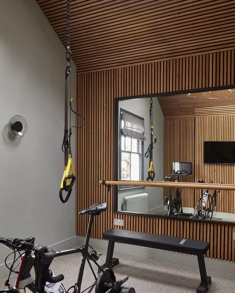 🥊 Couldn't get the punching bag in time for the photo shoot of this home-gym, but it now hangs in the right corner, next to the ballet… | Instagram Barre Home Gym, Gym Makeover Ideas, Home Gym With Punching Bag, Home Gym Feature Wall, At Home Fitness Room, Attic Home Gym, Closet Gym Ideas, Home Barre Studio, Attic Gym Ideas